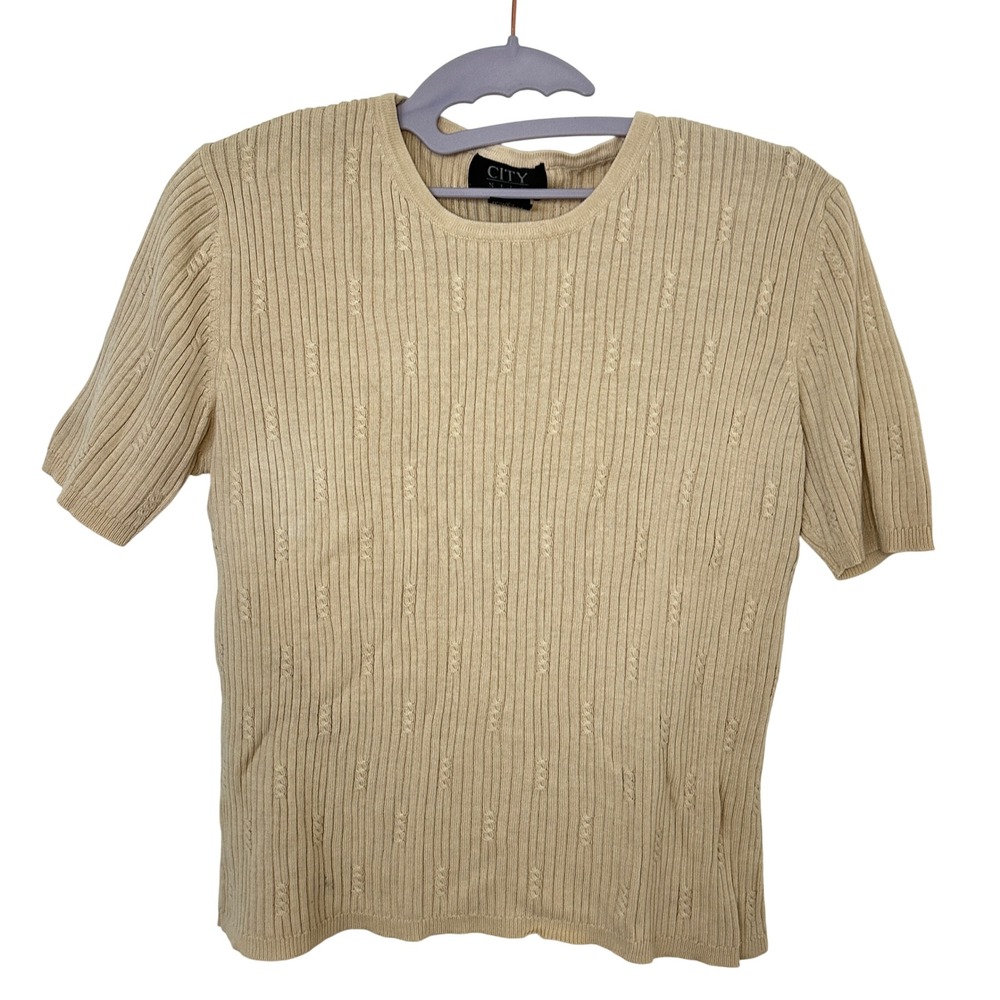 City Silk Women Beige Silk Cotton Ribbed Cable Knit Short Sleeve Sweater Top L